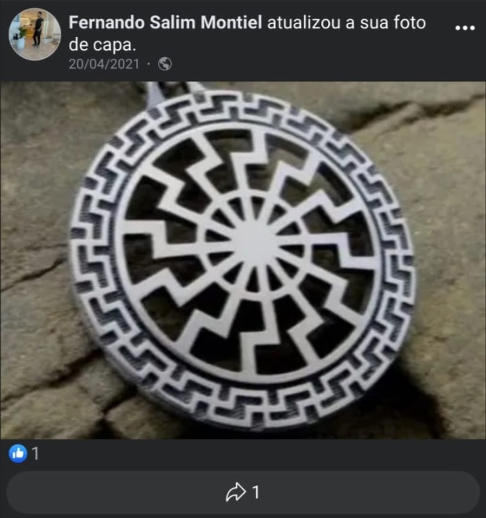 Postagem de Fernando Matiel mostra um emblema que remete ao símbolo da SS nazista — Foto: Reprodução