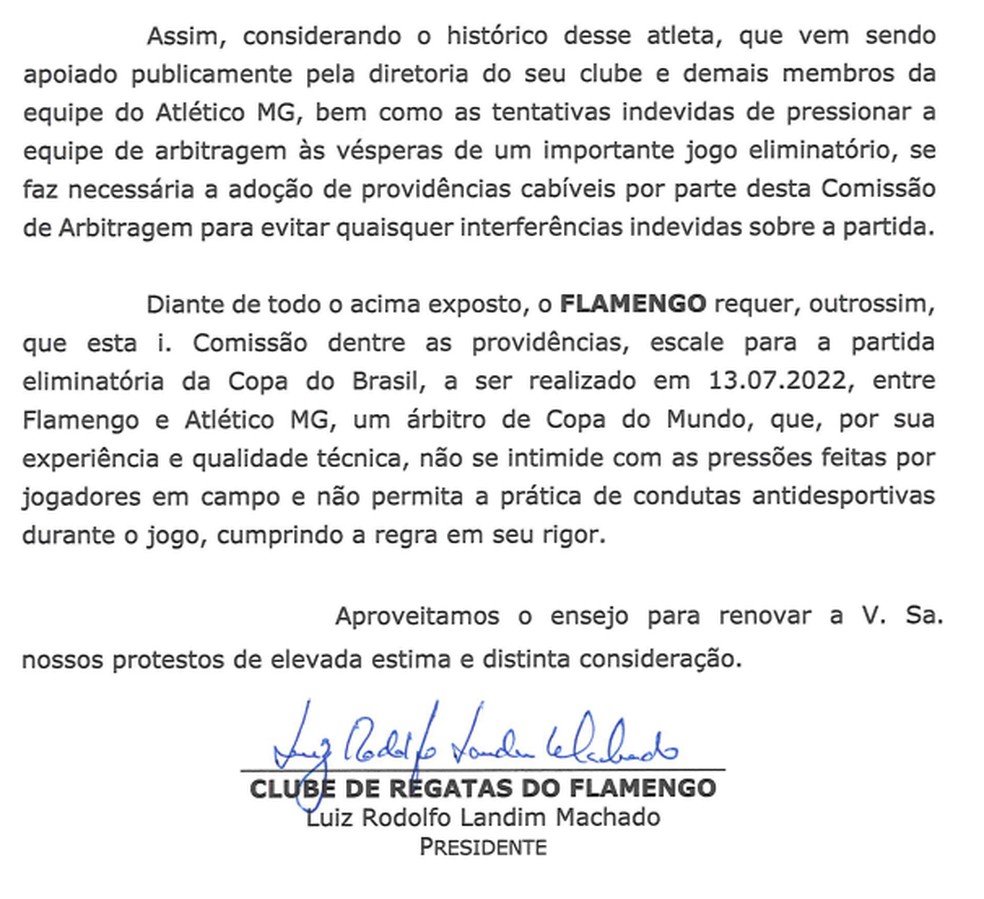 Of&iacute;cio do Flamengo &agrave; CBF sobre poss&iacute;vel press&atilde;o do Atl&eacute;tico na arbitragem &mdash; Foto: Reprodu&ccedil;&atilde;o