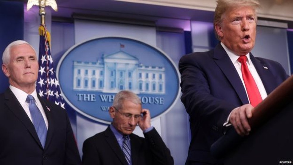 Da esq. para a dir.: o vice-presidente, Mike Pence, o especialista em doenças infecciosas Anthony Fauci e o presidente, Donald Trump  — Foto: Reuters/Via BBC