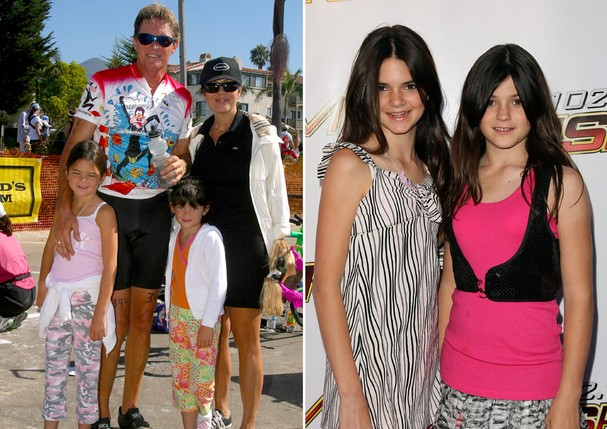 Em família: Bruce e Kris Jenner com Kendall e Kylie; à direita, Kylie posa com a irmã em evento de 2008 (Foto: Getty Images)