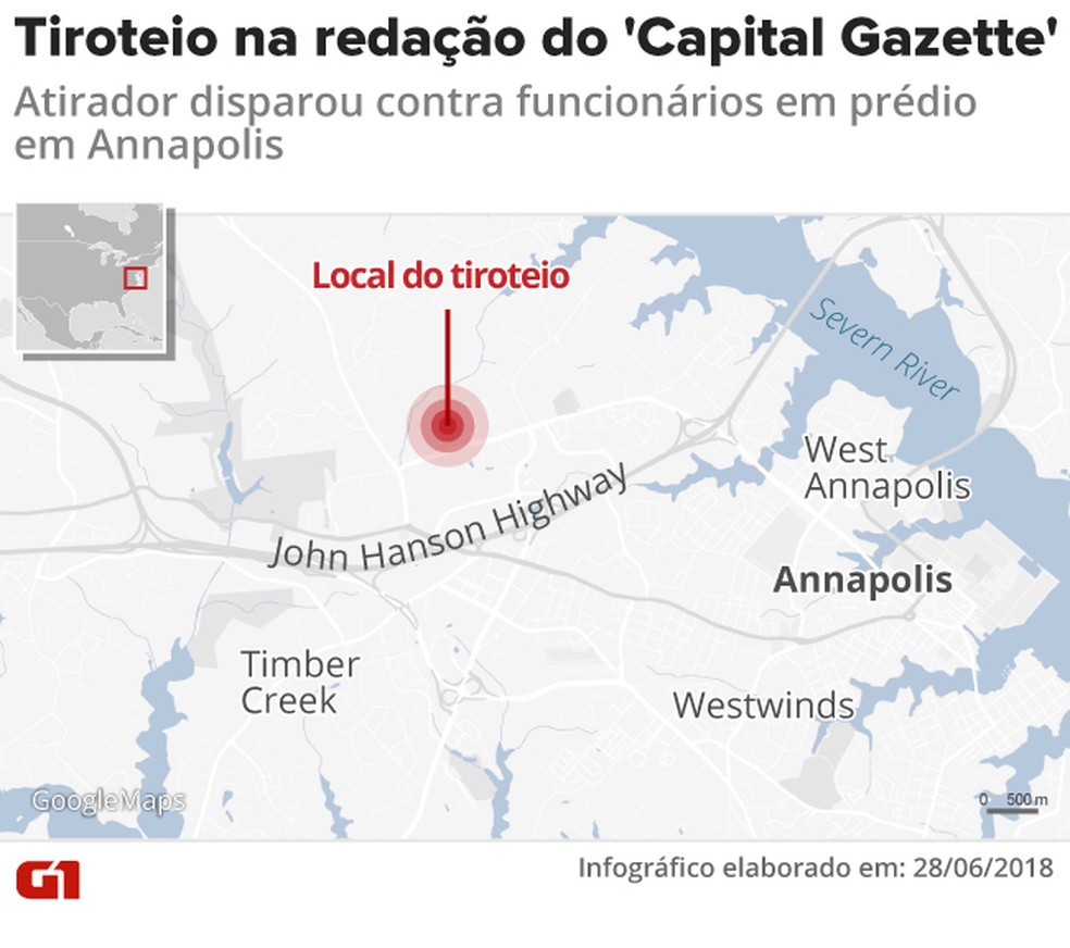 Tiroteio no jornal 'Capital Gazette' (Foto: Infografia: Rodrigo Cunha/G1)