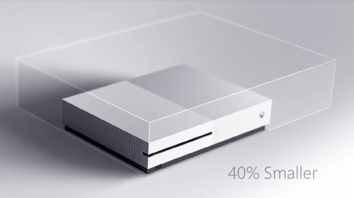 Imagem compara o tamanho do Xbox One S em relação ao Xbox One na apresentação da Microsoft na E3 2016 (Foto: Reprodução/Digital Spy)