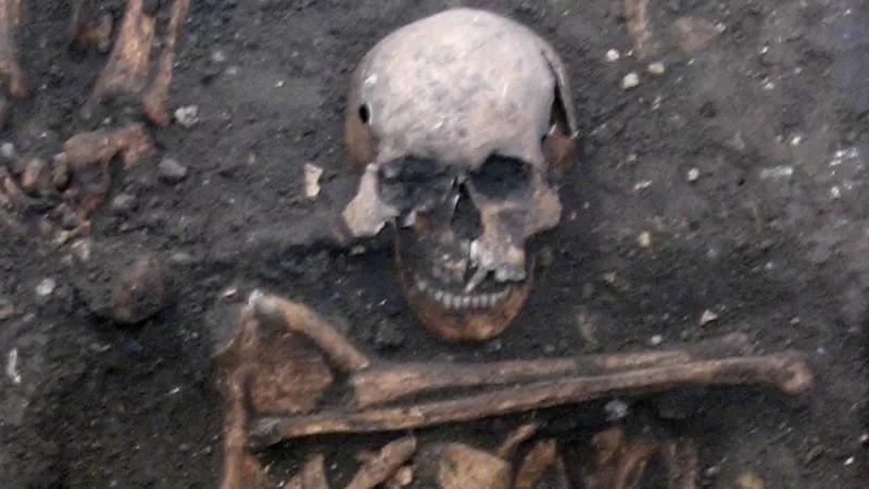 Outra amostra foi retirada do esqueleto de um homem adulto jovem do final do século 14 enterrado em Cambridge, no Reino Unido (Foto: UNIVERSITY OF CAMBRIDGE via BBC)