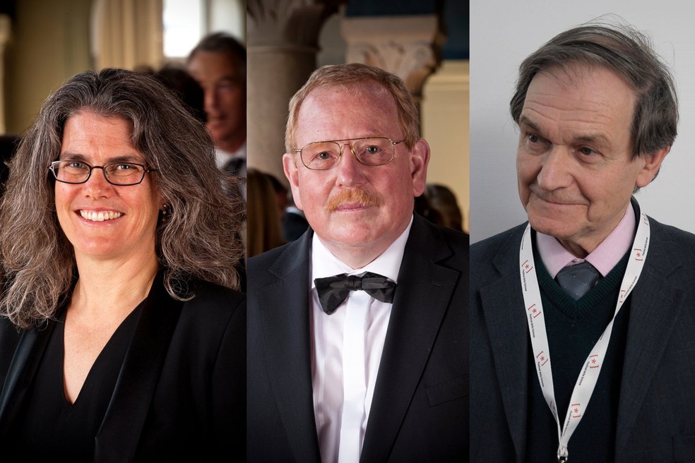 Andrea Ghez, Reinhard Genzel e Roger Penrose são os ganhadores do Prêmio Nobel 2020 em Física — Foto: Royal Academy of Sciences (Genzel e Ghez) e Wikimedia Commons (Penrose)