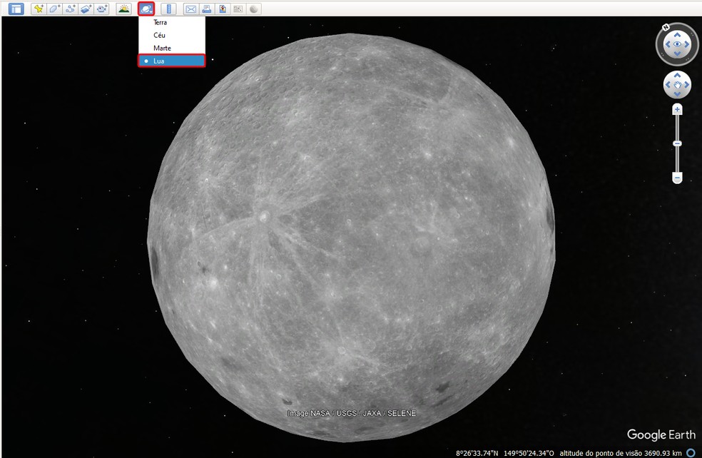Veja como acessar a Lua em 3D no Google Earth Pro no computador — Foto: Reprodução/Rodrigo Fernandes