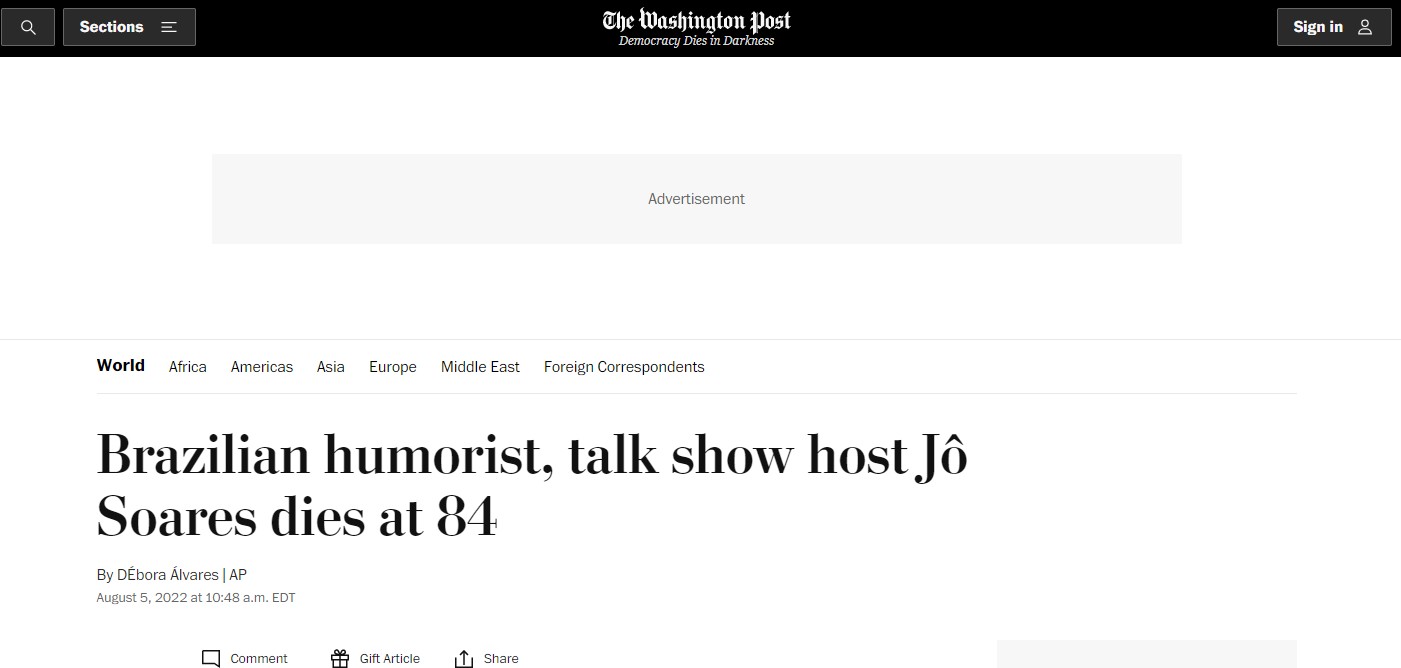 Jornal americano The Washington Post noticia morte de Jô Soares (Foto: Reprodução)
