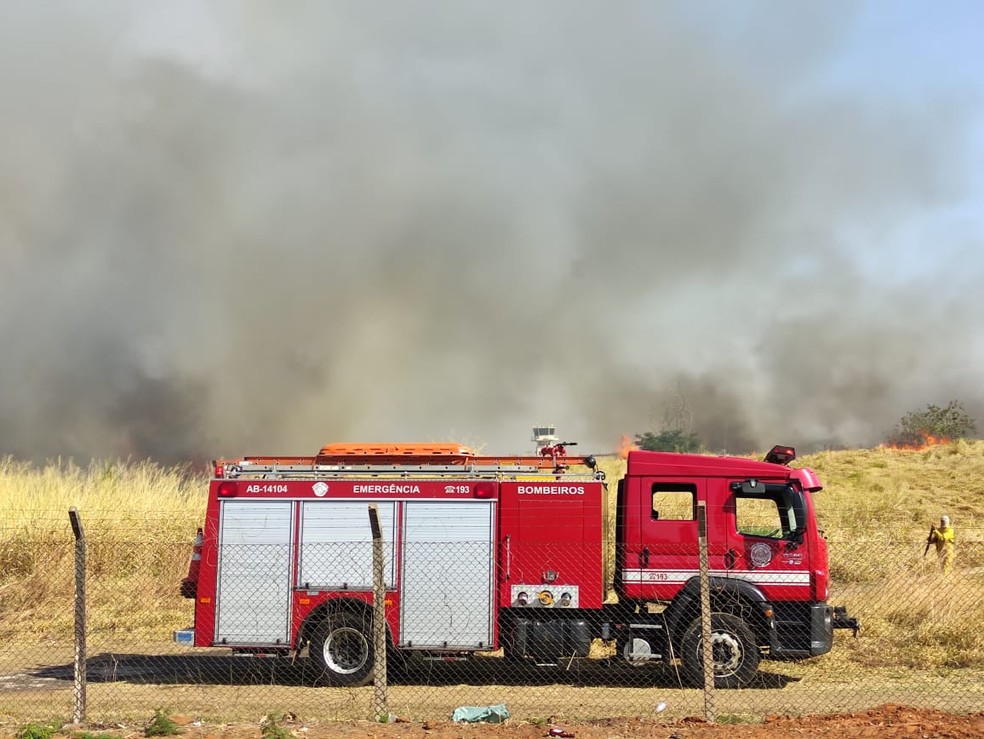 Incêndio em vegetação atingiu área do Aeroporto Estadual de Presidente Prudente — Foto: Murilo Zara/TV Fronteira