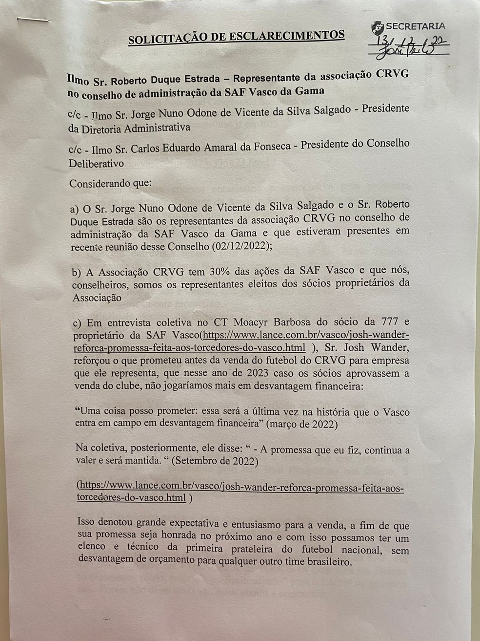Grupo de conselheiros do Vasco cobra explicações sobre promessas da 777  — Foto: Reprodução