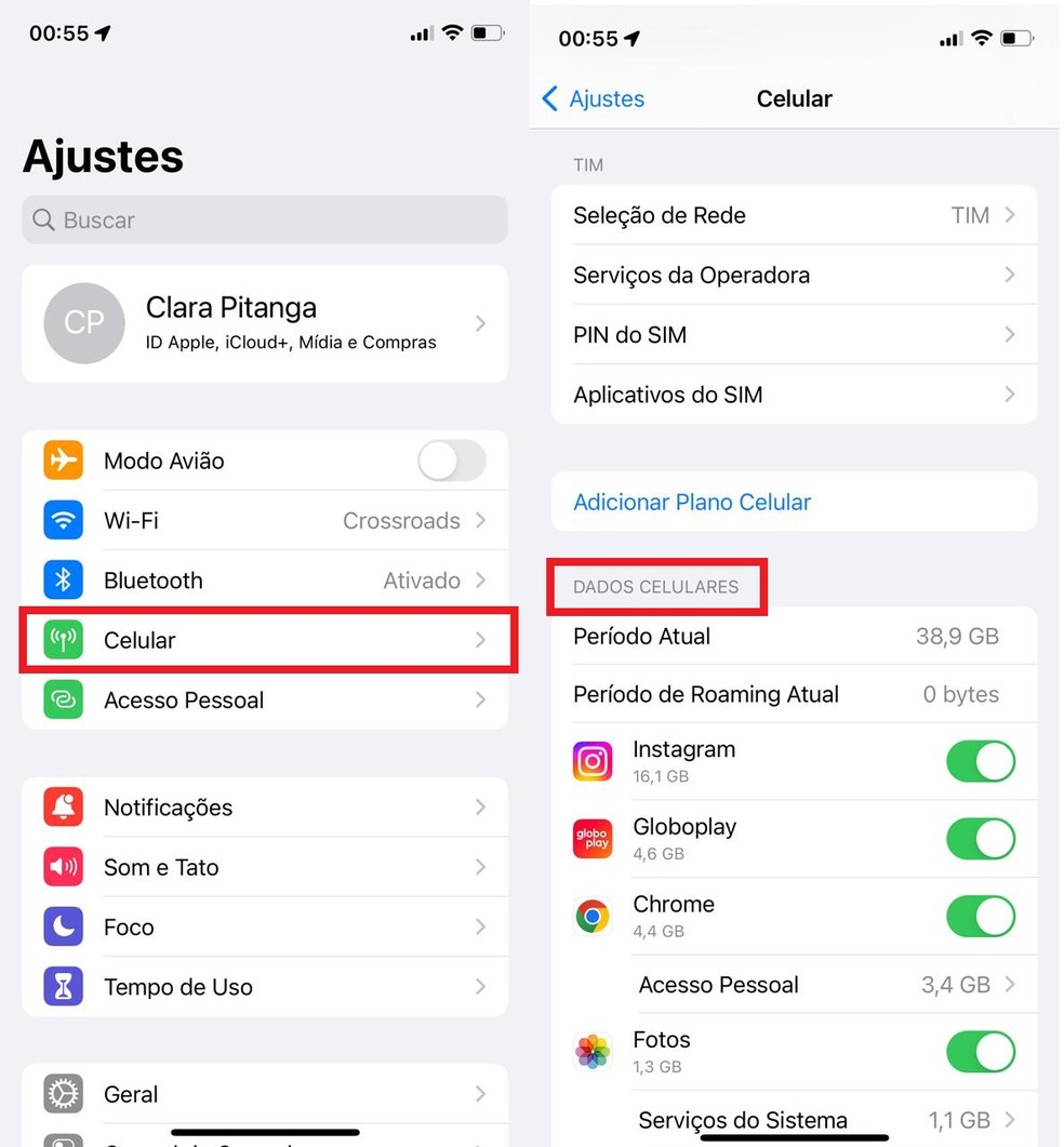 Clique sobre "Celular" e deslize a tela na próxima página para conferir quais apps usam mais dados no iPhone (iOS) — Foto: Reprodução/Clara Fabro