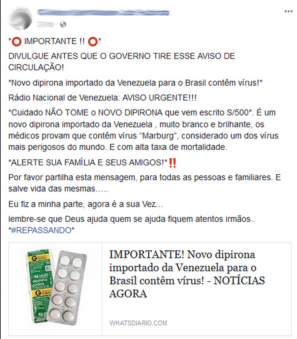 Mensagem falsa afirma que dipirona teria vírus mortal  — Foto: Reprodução/Facebook