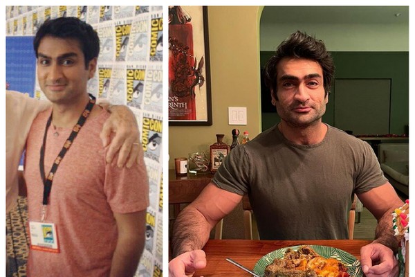 O ator Kumail Nanjiani antes e depois de sua transformação física para atuar em Os Eternos (Foto: Instagram)