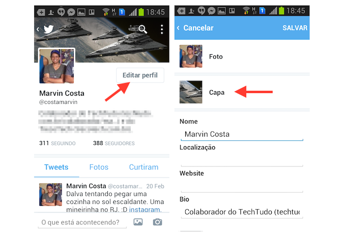 Acessando as configura??es de capa do Twitter no Android (Foto: Reprodu??o/Marvin Costa)