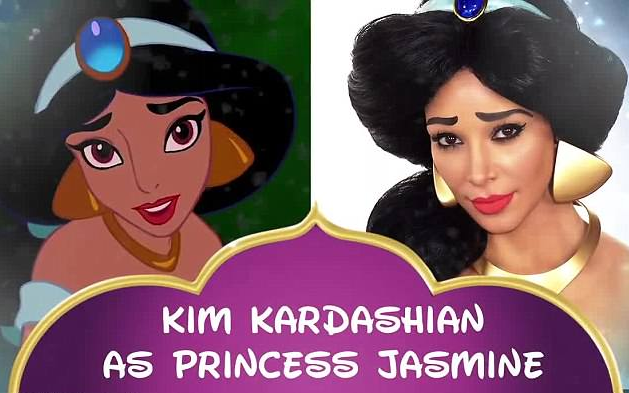 A socialite Kim Kardashian fantasiada como a Princesa Jasmine de Aladdin (1992) (Foto: YouTube)