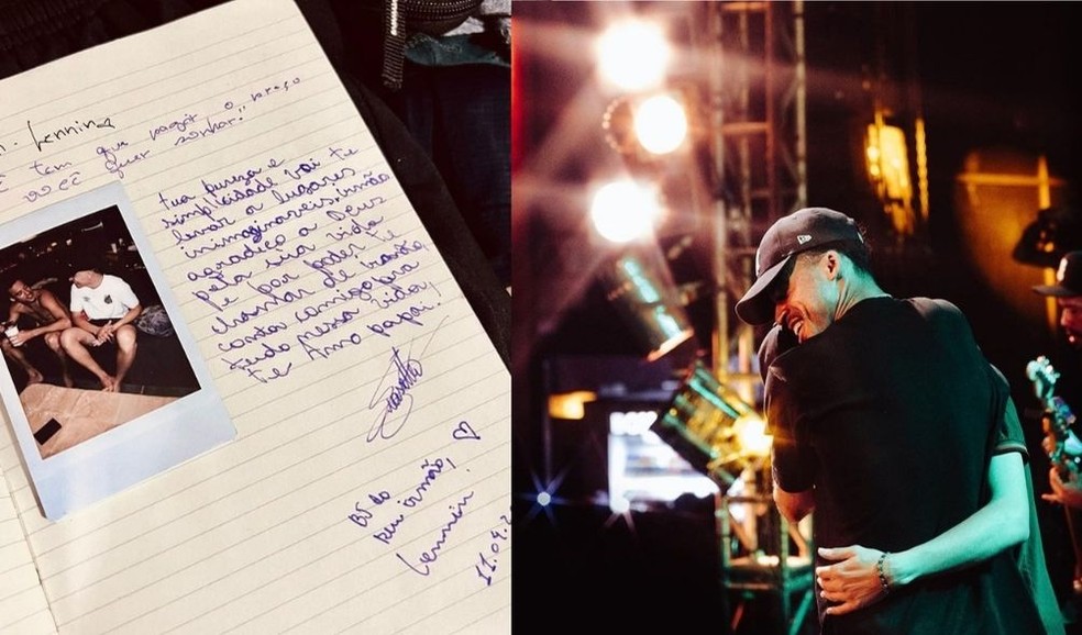 Carta do rapper L7nnon ao cantor João Gomes (à esquerda) e ambos os artistas abraçados no palco (à direita) — Foto: Reprodução/Instagram
