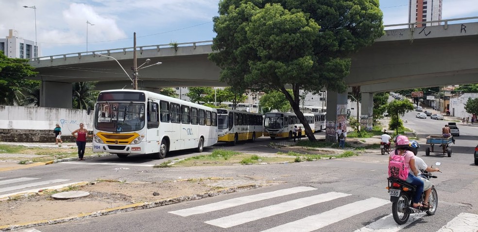 Ônibus paralisados próximo ao Sintro, embaixo do viaduto do Baldo, em Natal — Foto: Cedida