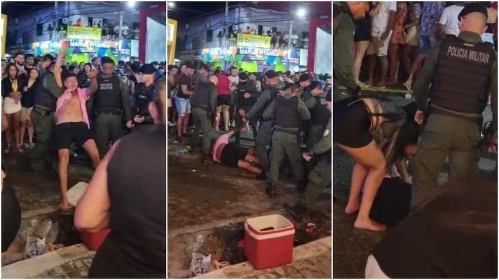 Homem é derrubado e agredido por policiais militares durante confusão em festa de pré-carnaval na cidade de Canindé. — Foto: Reprodução