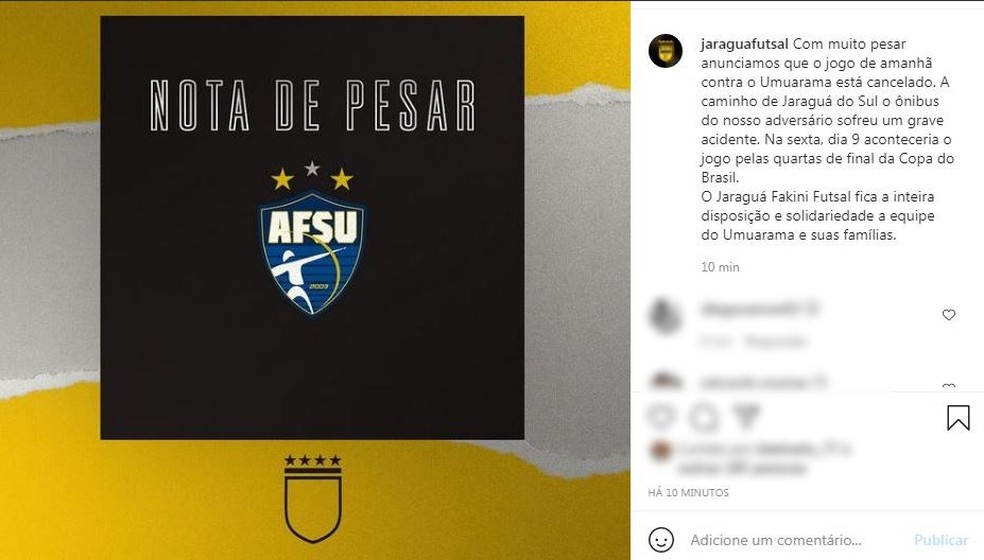 Nota de pesar emitida pelo Jaraguá Futsal, equipe de Jaraguá do Sul — Foto: Reprodução/ Redes sociais