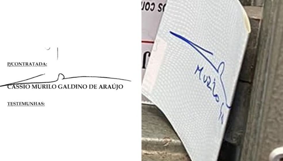Assinatura do deputado federal Murilo Galdino em documento oficial, e a assinatura no cheque   — Foto: Reprodução