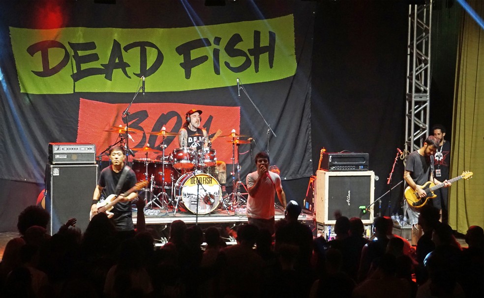 Banda capixaba de hardcore Dead Fish, com 31 anos de existência, faz o show de encerramento do 4º Festival de Rock de Ourinhos — Foto: Claudia Assencio/g1 