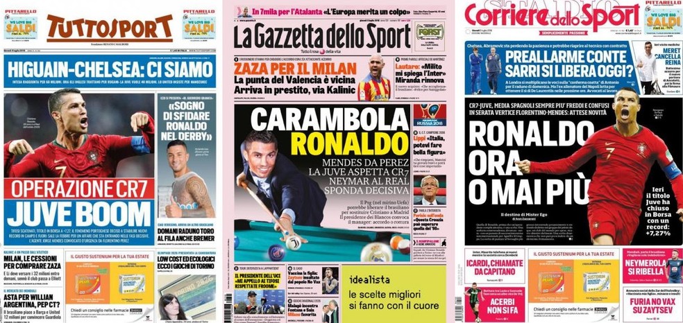 Jornais italianos destacam possivel ida de Cristiano Ronaldo para Juventus (Foto: Reprodução)