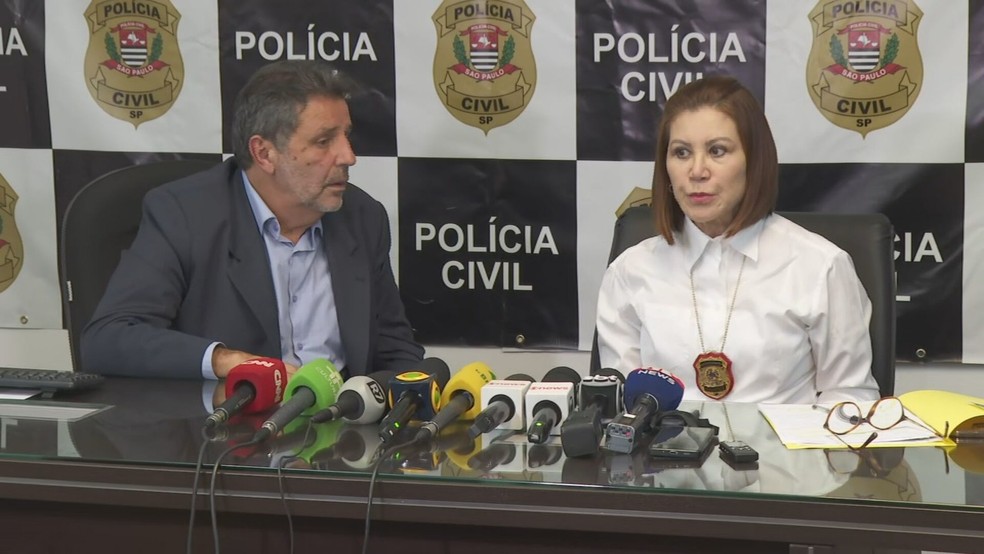 O delegado geral de Polícia, Osvaldo Nico, e diretora do Departamento de Homicídio e Proteção à Pessoa (DHPP), delegada Elisabete Sato em coletiva de imprensa nesta terça-feira (18). — Foto: Reprodução/TV Globo