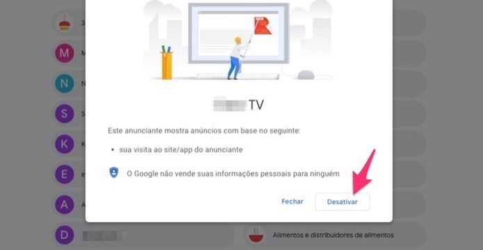 Ação para desativar um termo utilizado para oferecer anúncios em uma conta do Google (Foto: Reprodução/Marvin Costa) Ação para desativar um termo utilizado para oferecer anúncios em uma conta do Google (Foto: Reprodução/Marvin Costa)