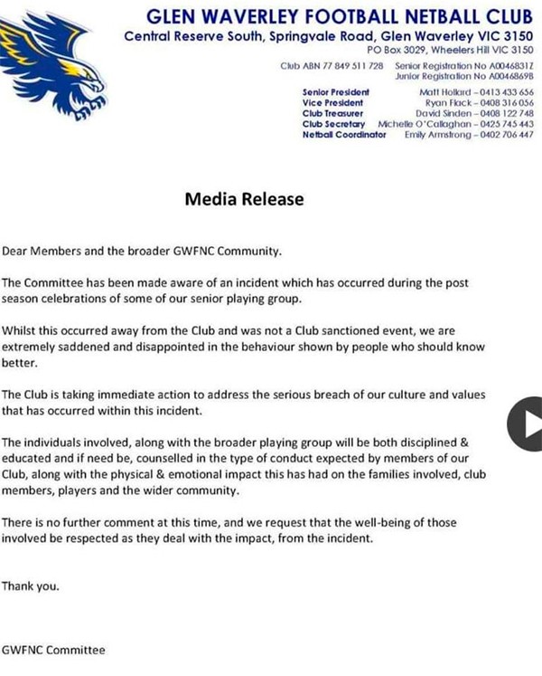 Comunicado oficial do Glen Waverley Football Club (Foto: reprodução twitter)
