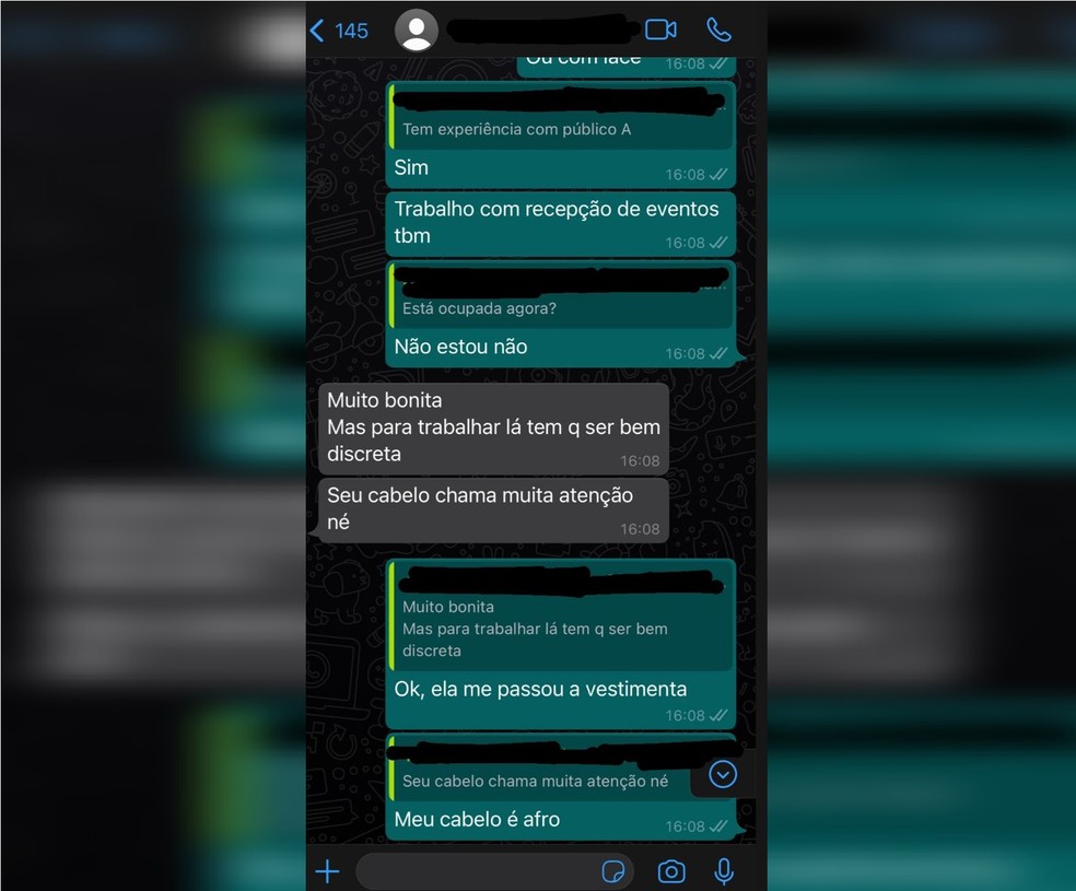 Modelo de Itapetininga denunciou racismo após mensagem de funcionário de agência no WhatsApp — Foto: WhatsApp/Reprodução
