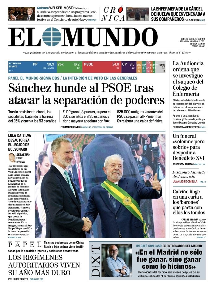 Jornal espanhol 'El Mundo' destaca a posse de Lula — Foto: Reprodução