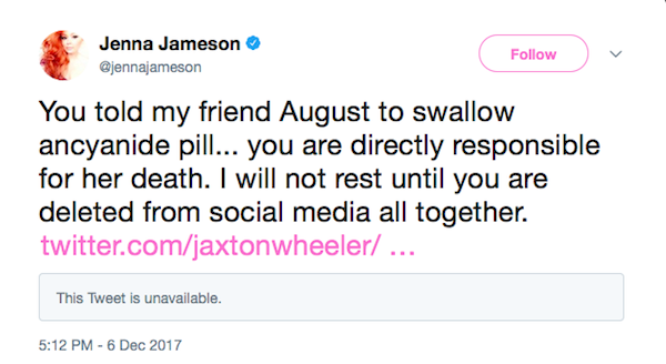 A atriz Jenna Jameson acusando o ator Jaxton Wheeler de ter contribuído para o suicídio de August Ames (Foto: Twitter)