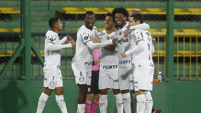Jogadores do Palmeiras comemoram gol contra o Defensa y Justicia