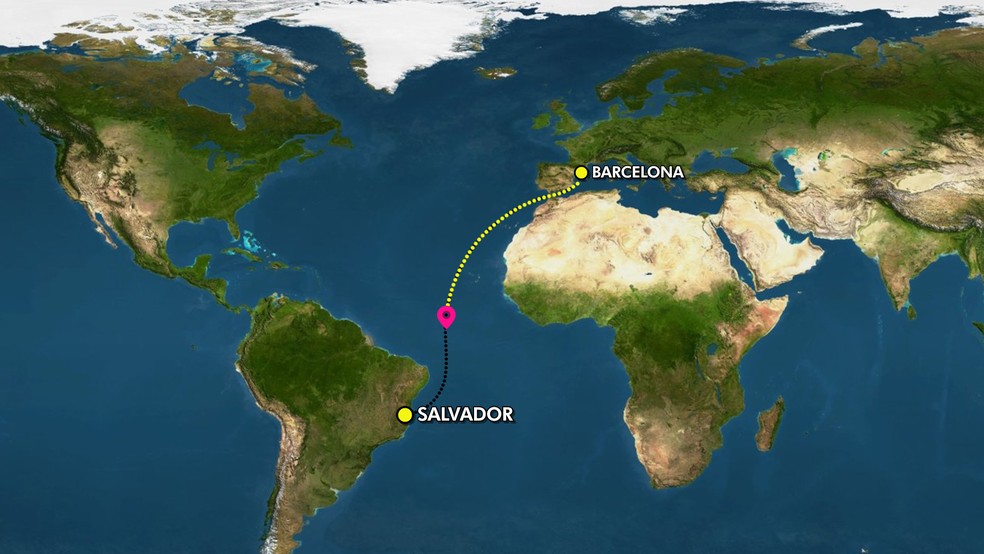 Veleiro saiu de Barcelona e a garrafa foi lançada no oceano no ponto em destaque. A embarcação já percorreu cerca de 4000 milhas e está atracada em Salvador, na Bahia. (Foto: Fábio Higor / Arte TV Liberal)