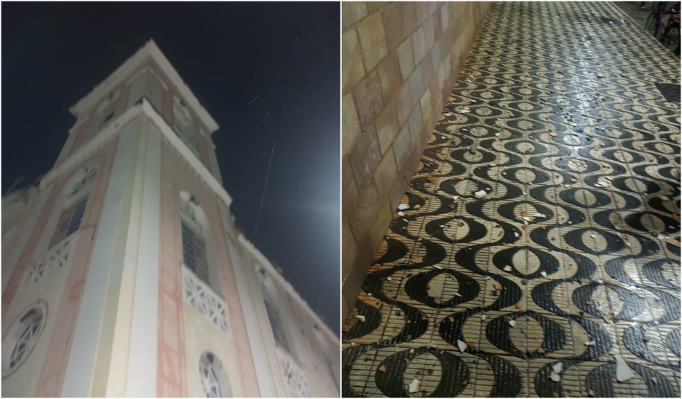 Torre esquerda da igreja matriz de Russas teve parte do revestimento cerâmico quebrado ao ser atingida por raio na noite deste domingo (24). — Foto: Reprodução