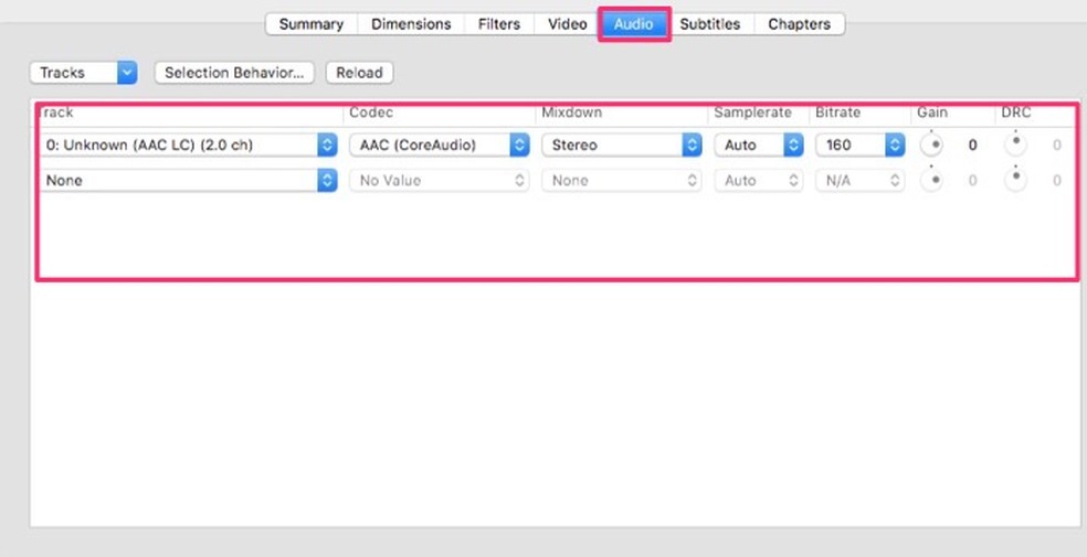 Opções para conversão de áudio em um vídeo no software HandBrake — Foto: Reprodução/Marvin Costa