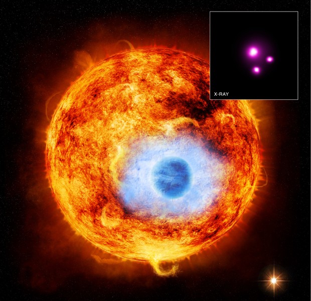 Concepção artística mostra o planeta HD 189733b passando diante de estrela; no detalhe, dados obtidos por raio-X (Foto: Divulgação/Nasa/CXC/SAO/K.Poppenhaeger)