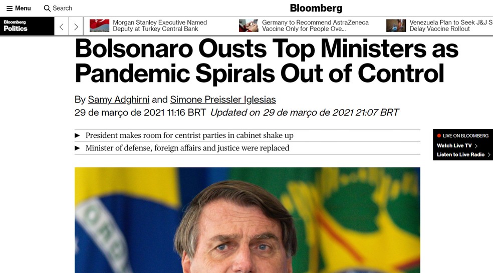 Bloomberg: imprensa internacional noticia reforma ministerial de Bolsonaro — Foto: Reprodução/Bloomberg