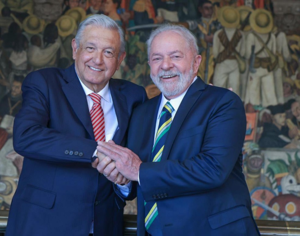 O presidente do México, López Obrador, com Lula em encontro na Cidade do México no início do ano.  — Foto: Ricardo Stuckert/Divulgação