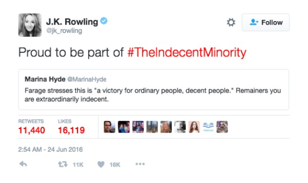 O lamento de J.K. Rowling em relação à saída do Reino Unido da União Europeia (Foto: Twitter)
