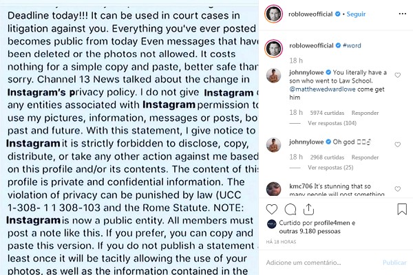 Mensagem compartilhada por Rob Lowe em seu Instagram - não passava de um trote (Foto: Instagram)