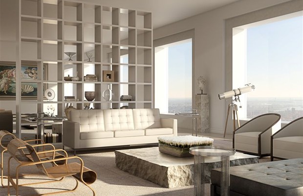 Projeto de sala de estar de apartamento do 432 Park Avenue. Unidades mais simples saem por US$ 7 milhões (Foto: CIM Group & Macklowe Properties)