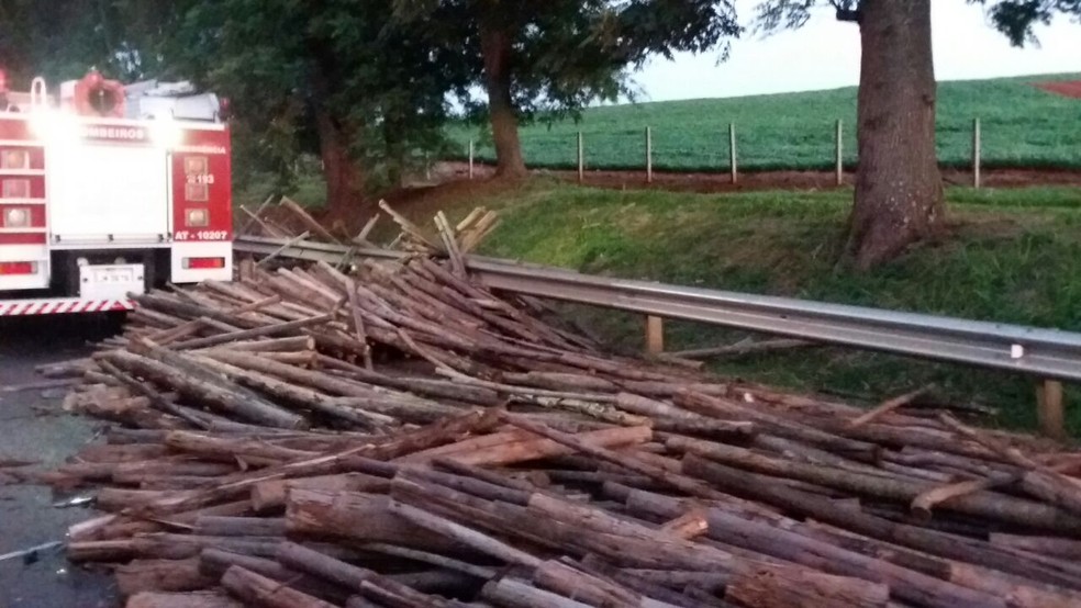Parte da carga ficou espalhada na pista, que precisou ser interditada (Foto: Corpo de Bombeiros / Divulgação)