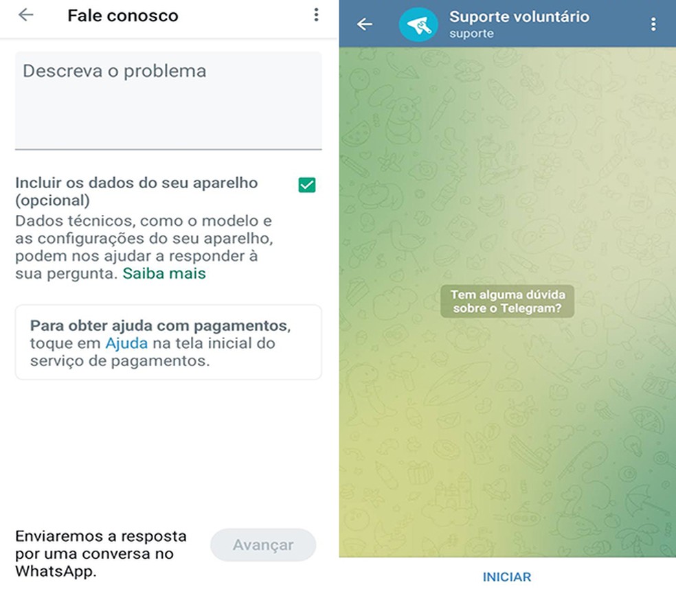 Área de suporte do Telegram e WhatsApp atendem usuários da plataforma  — Foto: Reprodução/Flávia Fernandes