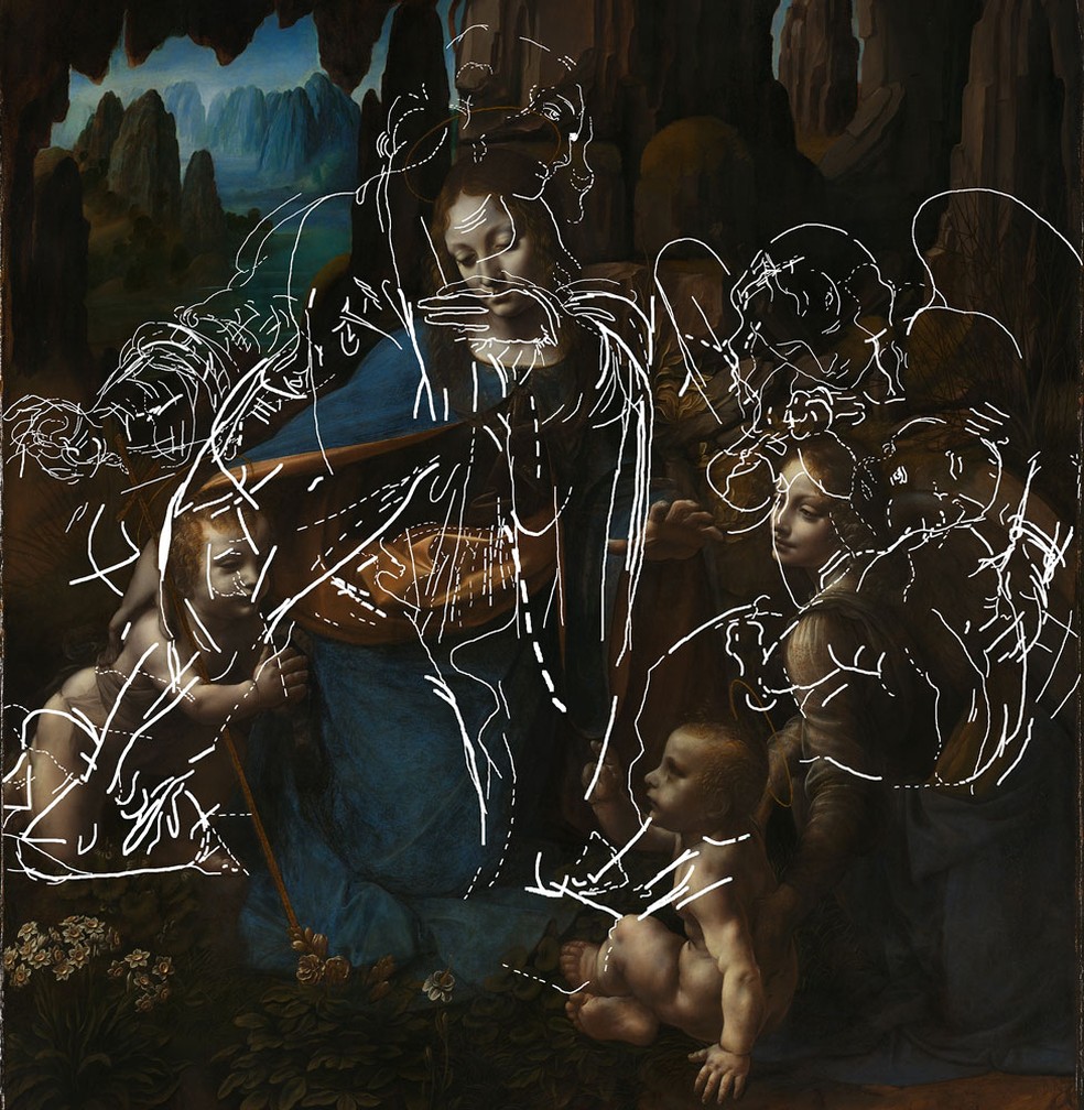 Desenho secreto encontrado sob o quadro Virgem das Rochas, uma das obras-primas de Leonardo Da Vinci  — Foto: National Gallery