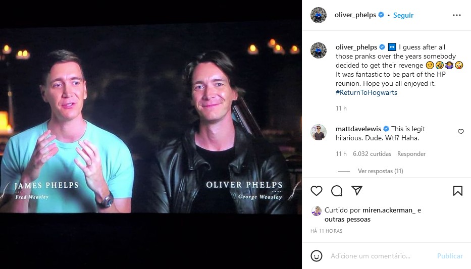 O post do ator Oliver Phelps fazendo piada com a confusão dos produtores de Harry Potter - 20 Anos de Magia: De Volta a Hogwarts (2022), ao confudí-lo com o irmão gêmeo, o ator James Phelps (Foto: Instagram)