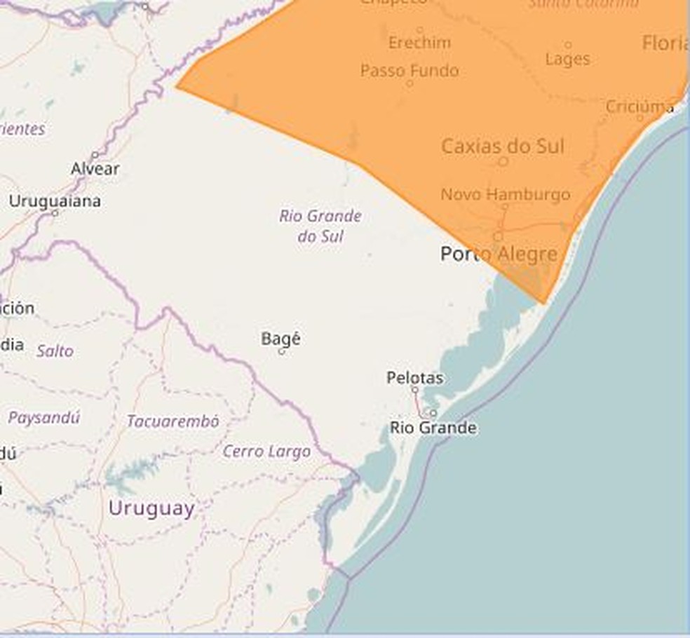 Mapa do Inmet aponta a região do Rio Grande do Sul deve ser afetada pelas chuvas fortes, neste domingo. Haverá ventos fortes e queda de temperatura, também.  (Foto: Reprodução/Inmet)