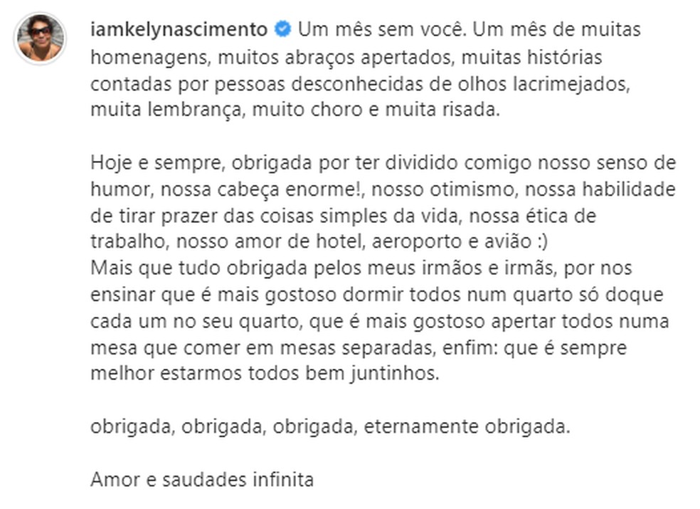 Publicação de Kely Nascimento em homenagem a um mês da morte de Pelé — Foto: Reprodução/Redes Sociais