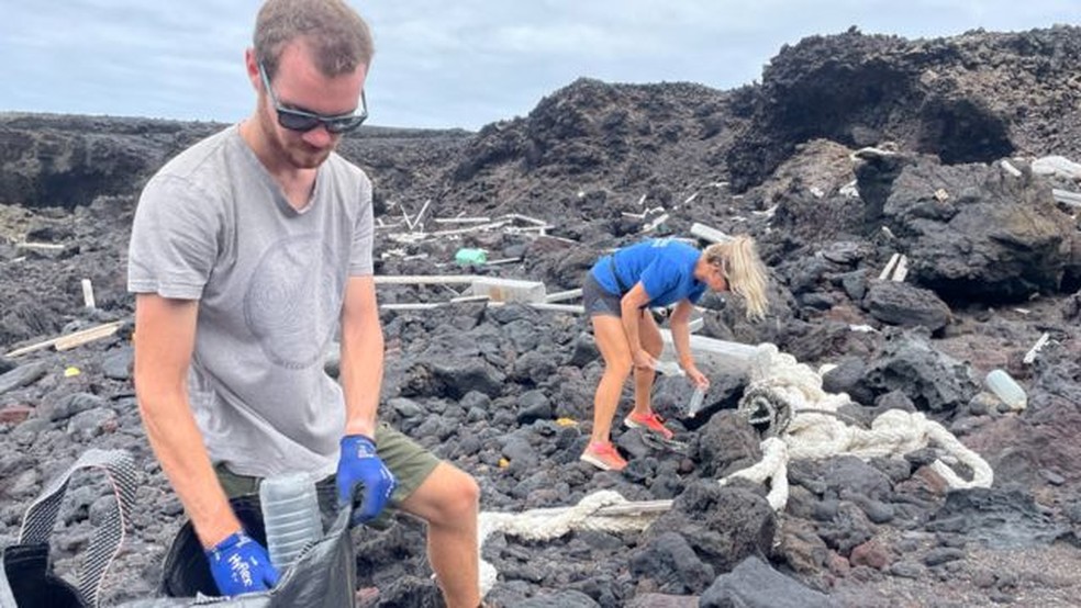 Ambientalistas limpando o litoral da ilha — Foto: ZSL, ALICE CHAMBERLAIN/via BBC