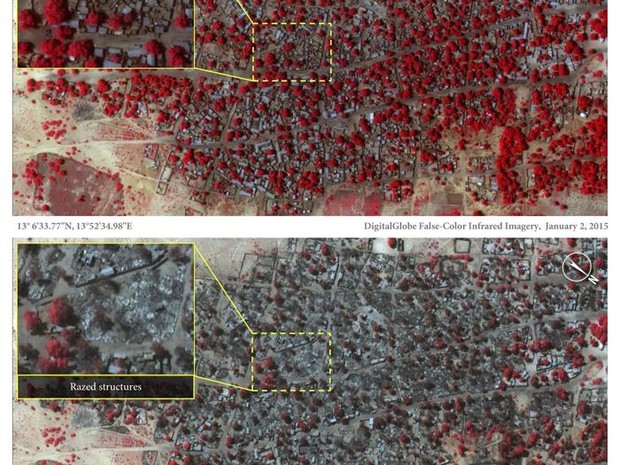 Imagens de satélite mostram a destruição na região de Baga, Nigèria, após ataque de Boko Haram (Foto: Agência EFE)