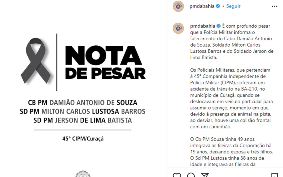 PM publicou nota de pesar nas redes sociais &mdash; Foto: Redes sociais