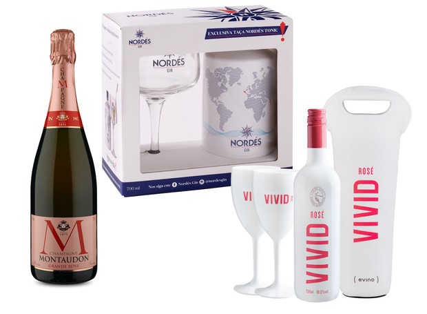 Champagne Montaudon Grande Rosé da Wine, Kit Gin Nordés e kit Vivid Rosé da Evino (Foto: Divulgação )
